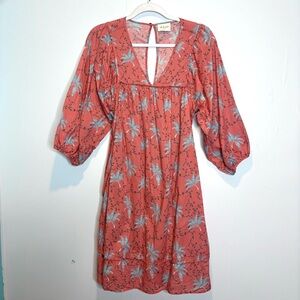 WRAP London 100% Cotton V-neck Dress Open Back Coral Blue Print